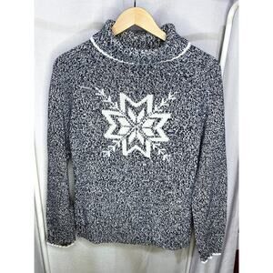 Vintage 90s Liz Claiborne Blue White Knit Snowflake Turtleneck Sweater